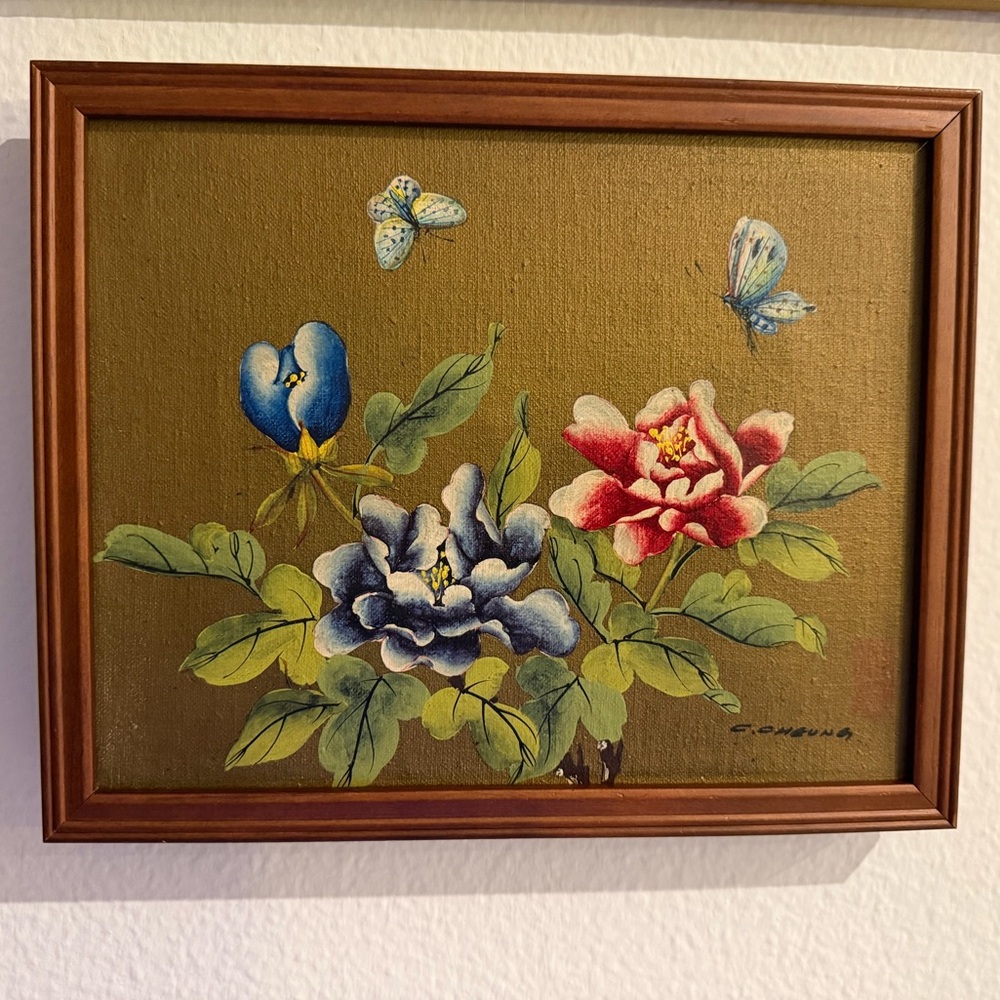 Vintage Original Painting Flowers Butterfly Framed Wall Art Signed Framed 8”x10”